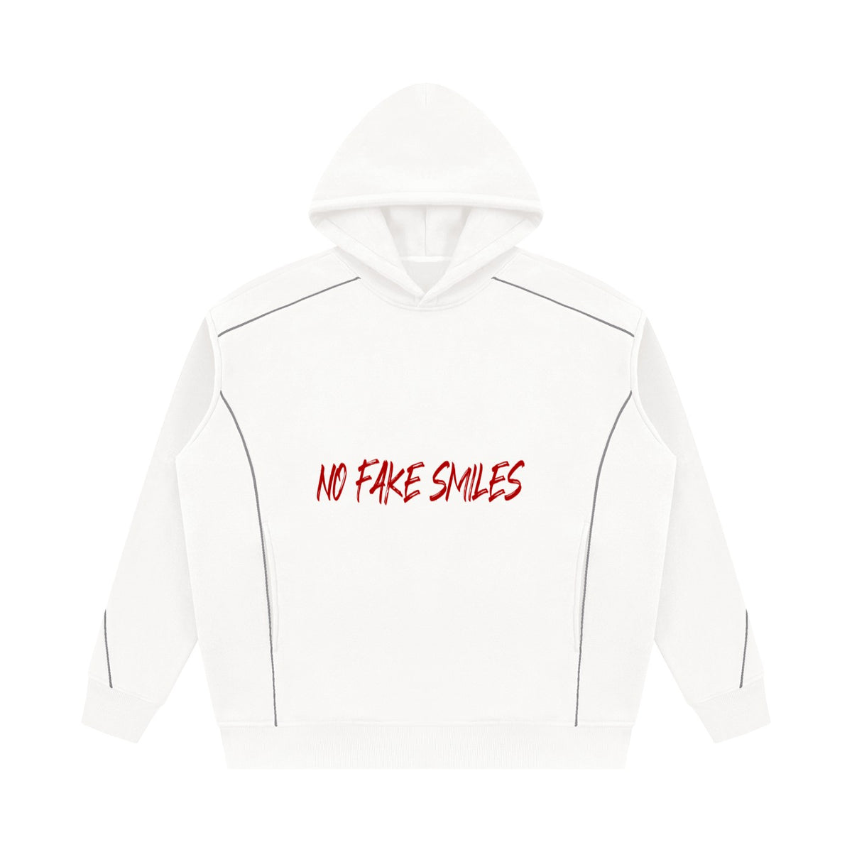No Fake Smiles oversized white fleece hoodie with red text graphic, drop shoulders, and subtle piping details.