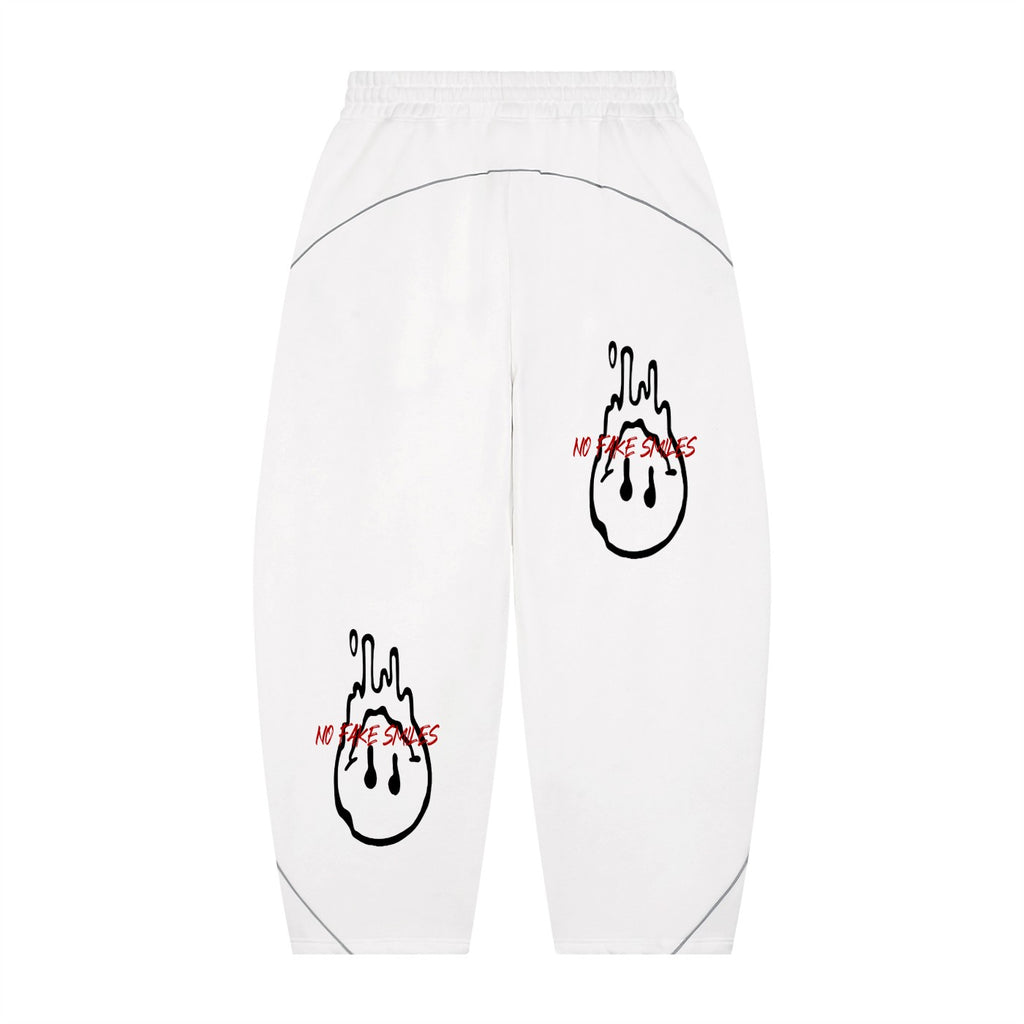 No Fake Smiles white heavyweight fleece sweatpants with barrel leg silhouette, piping details, and dripping face print.