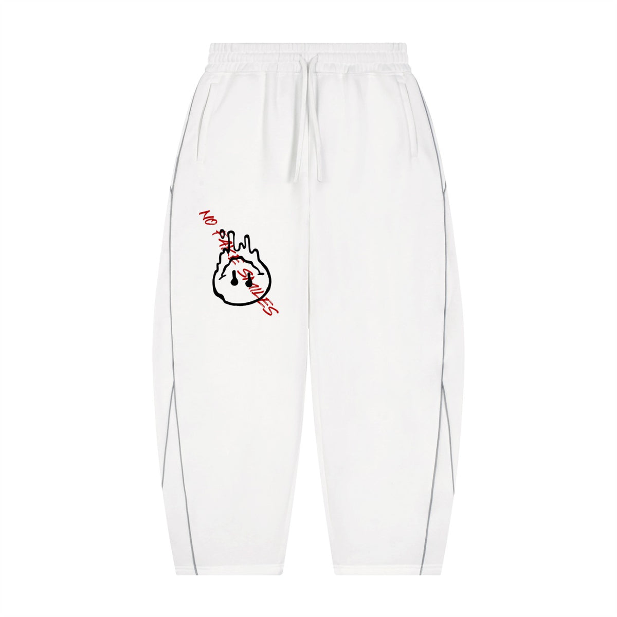 No Fake Smiles white heavyweight fleece sweatpants with a barrel leg silhouette, piping details, and red graphic.
