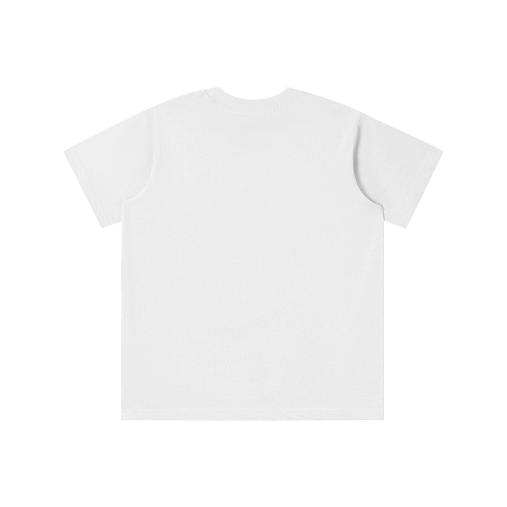 Back view of a plain white No Fake Smiles kids' short-sleeve cotton t-shirt with a round neck and loose fit.
