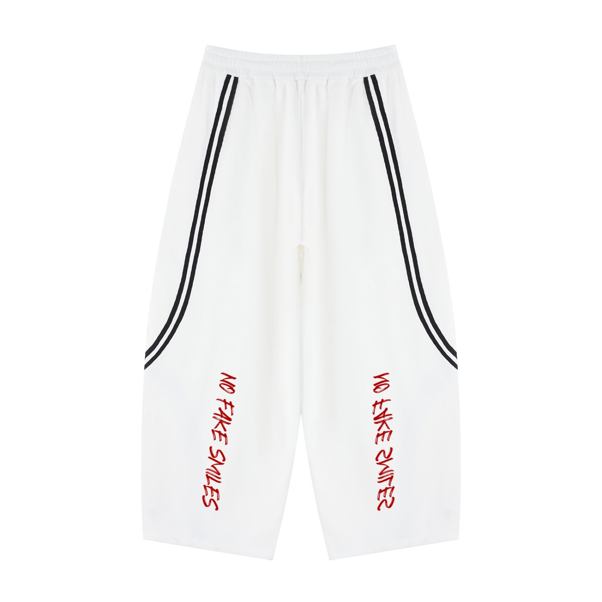 No Fake Smiles white wide leg sweatpants with black side piping and red graphic text on the front legs.
