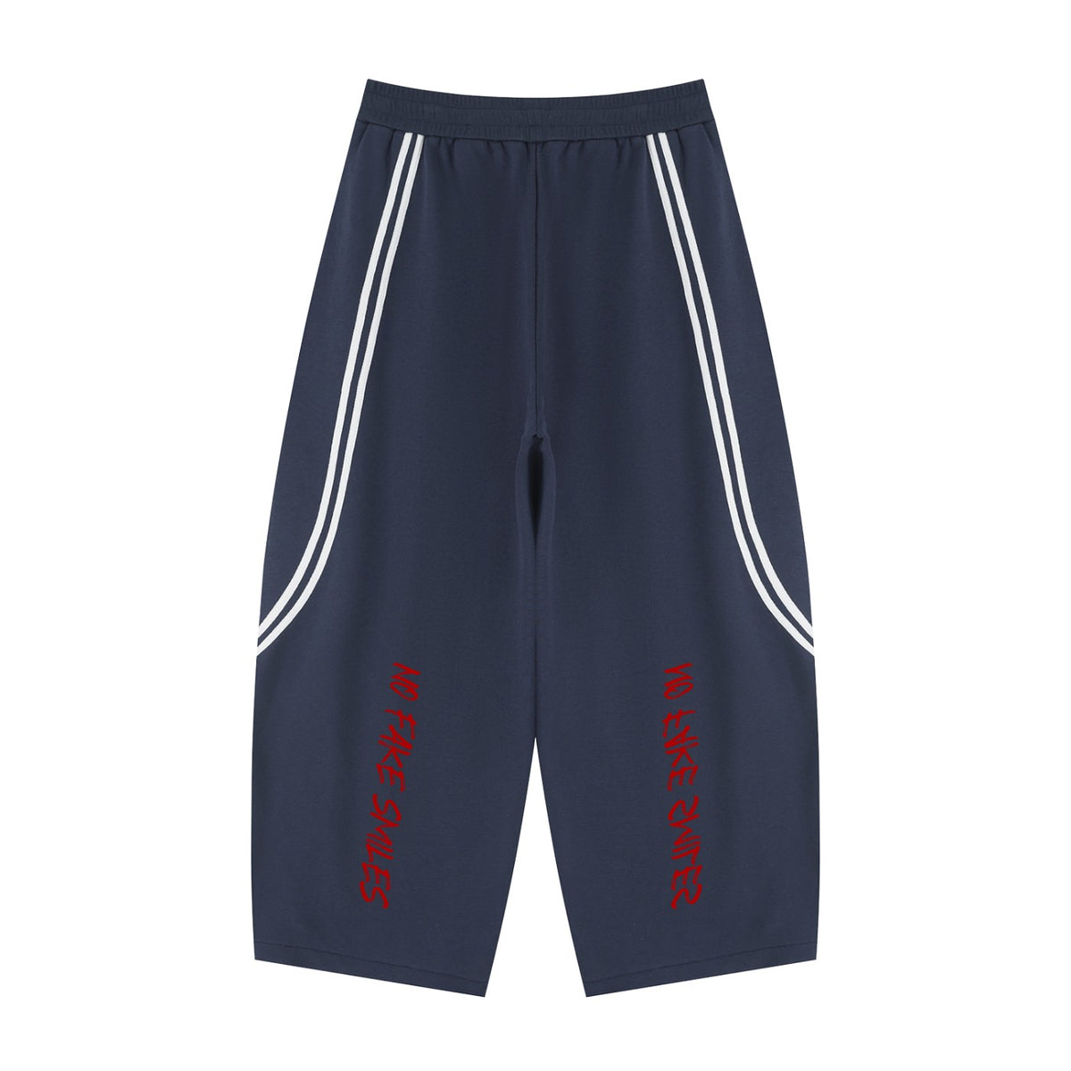 No Fake Smiles wide leg navy sweatpants with white side piping and red graphic text on the back legs.