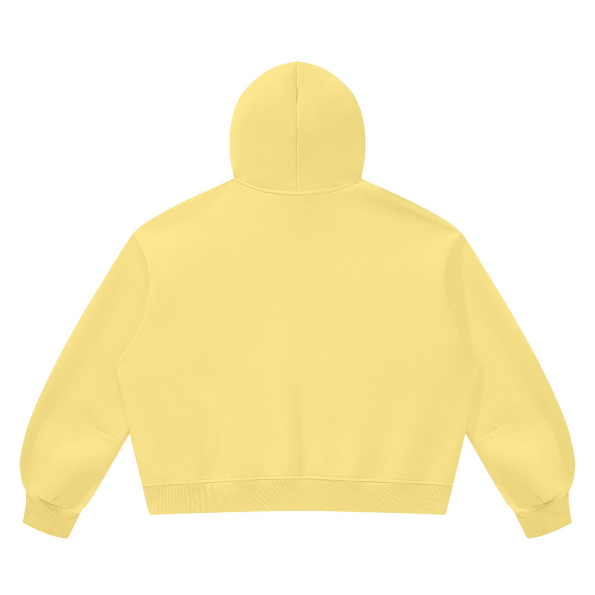Back view of a No Fake Smiles yellow boxy fleece hoodie with drop shoulders and ribbed hem in a vintage wash finish.