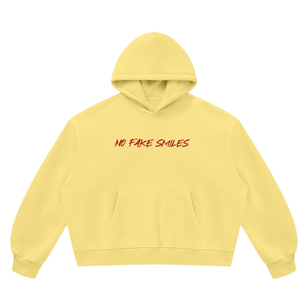 No Fake Smiles yellow boxy fleece pullover hoodie with distressed red text graphic on the chest