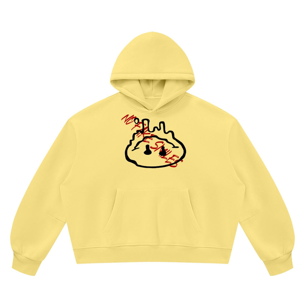 No Fake Smiles yellow boxy fleece pullover hoodie with drop shoulders, front pocket, and black and red graphic print.