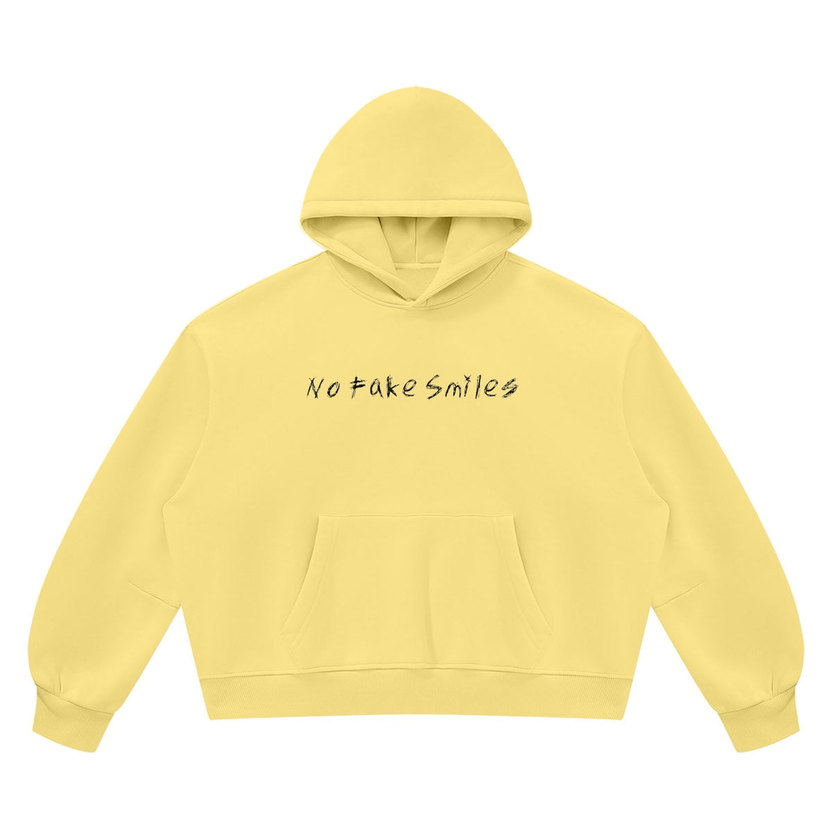 No Fake Smiles yellow boxy fleece pullover hoodie with drop shoulders, front patch pocket, and ribbed trim.