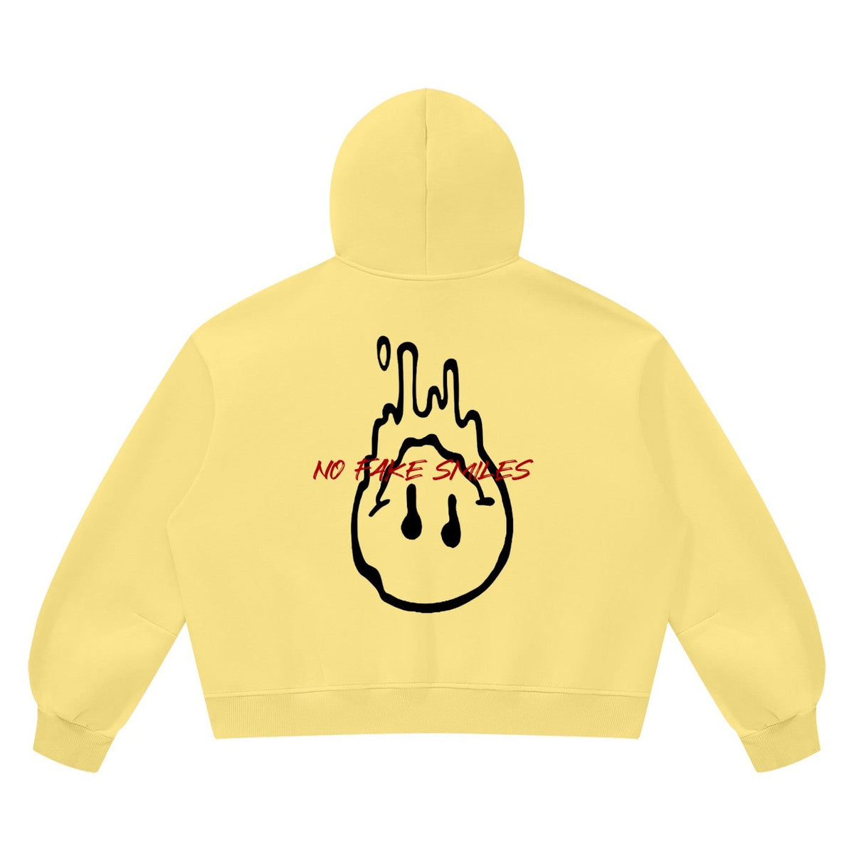 No Fake Smiles yellow boxy fleece hoodie with a black dripping smiley face graphic on the back